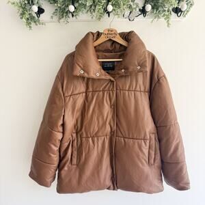 Avec Les Filles Women’s Faux Leather Thermal Puffer Jacket Brown Size M